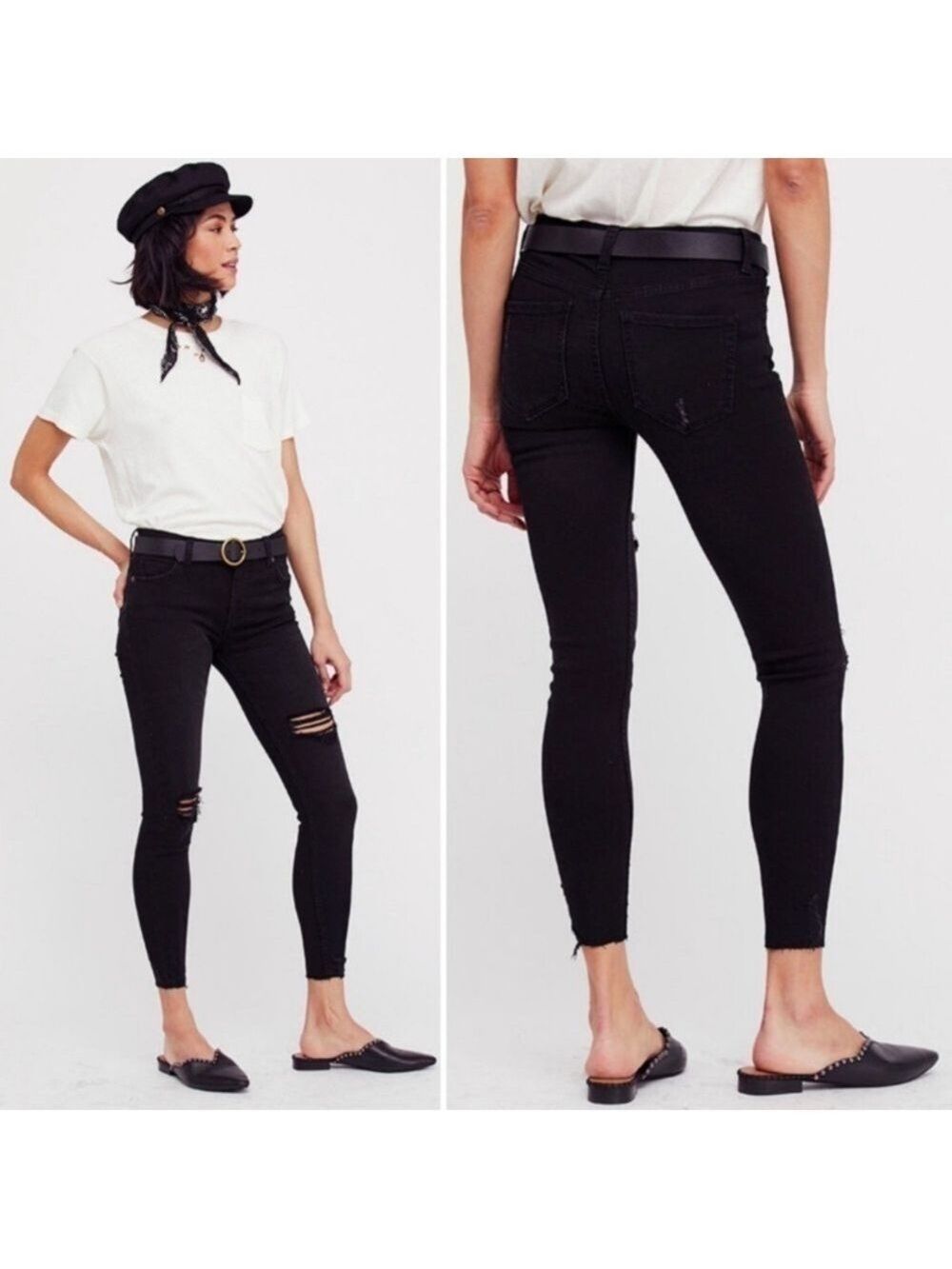 Free People Black Distressed Shark Bite Hem Jeans